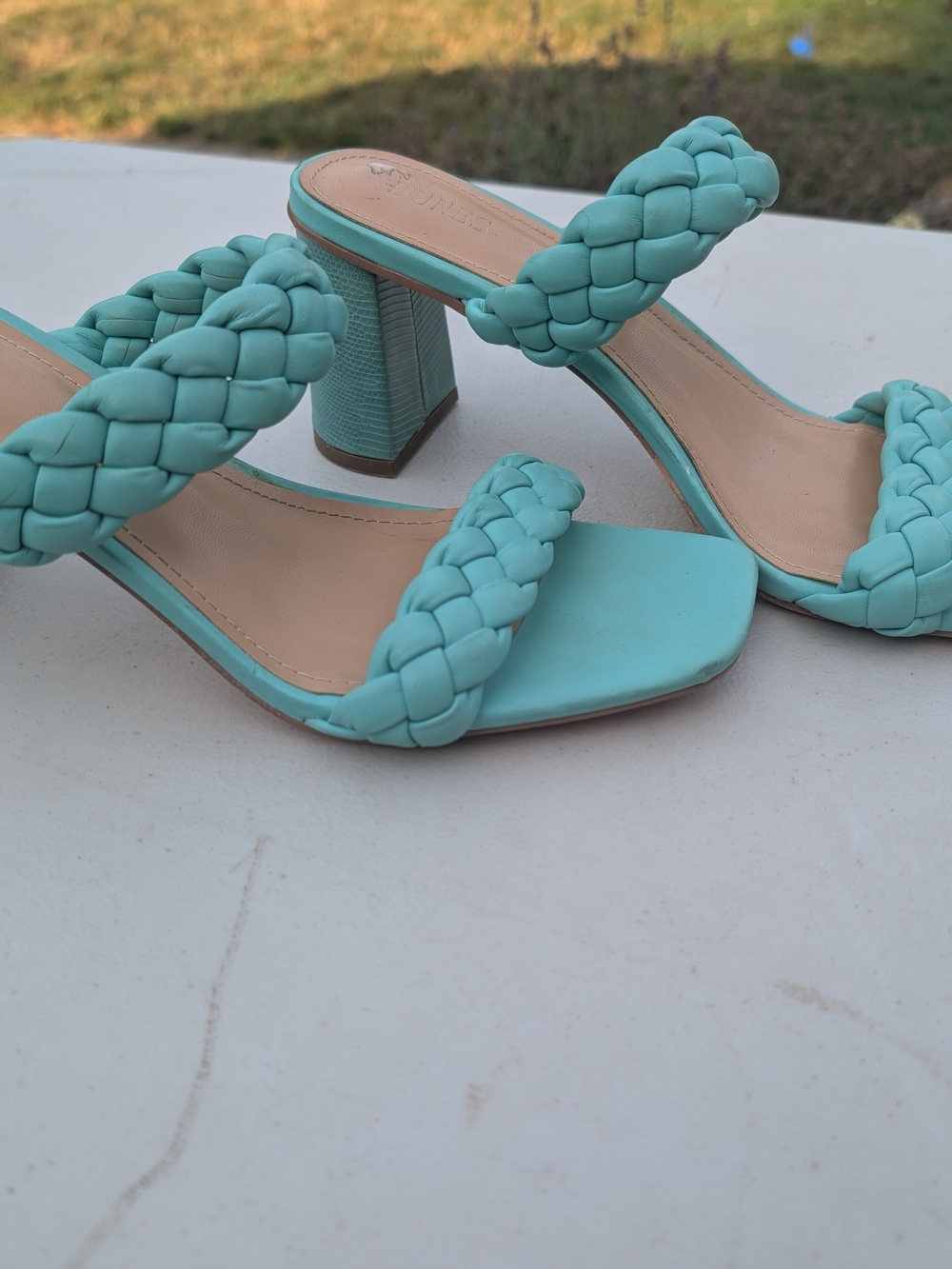 Braided Double-Strap Block Heel Sandals in Aqua